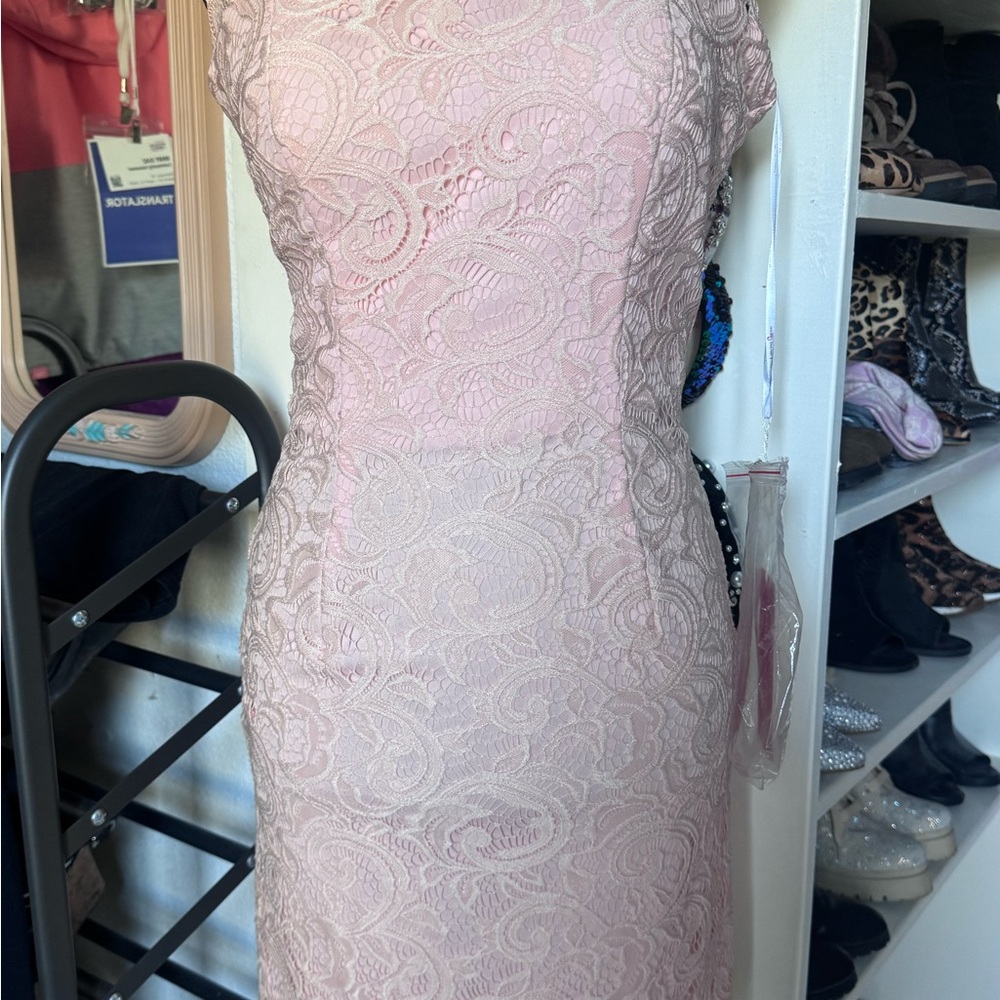 Dancing Queen Lace Midi Dress in Pink and Cream - Picture 2 of 4